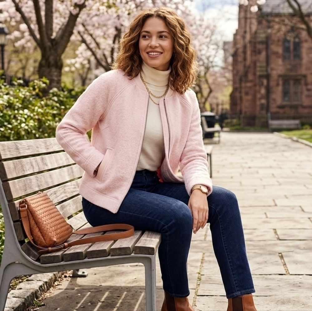 Lands' End Light Pink Wool-Blend Bomber Jacket Size 4 Full Zip Front Pockets